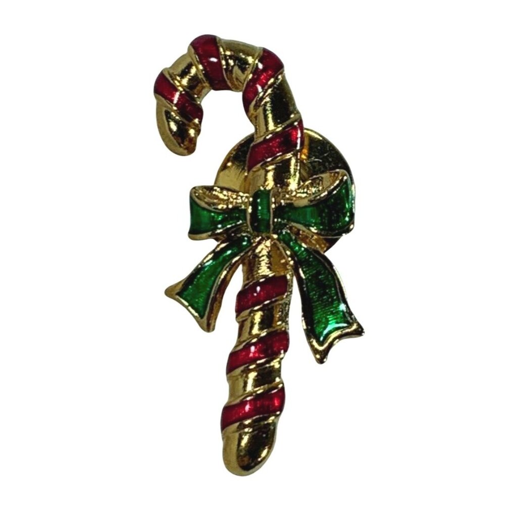 Vintage Avon Candy Cane Brooch 1.25" Signed Red Gold Tone Christmas Lapel Pin